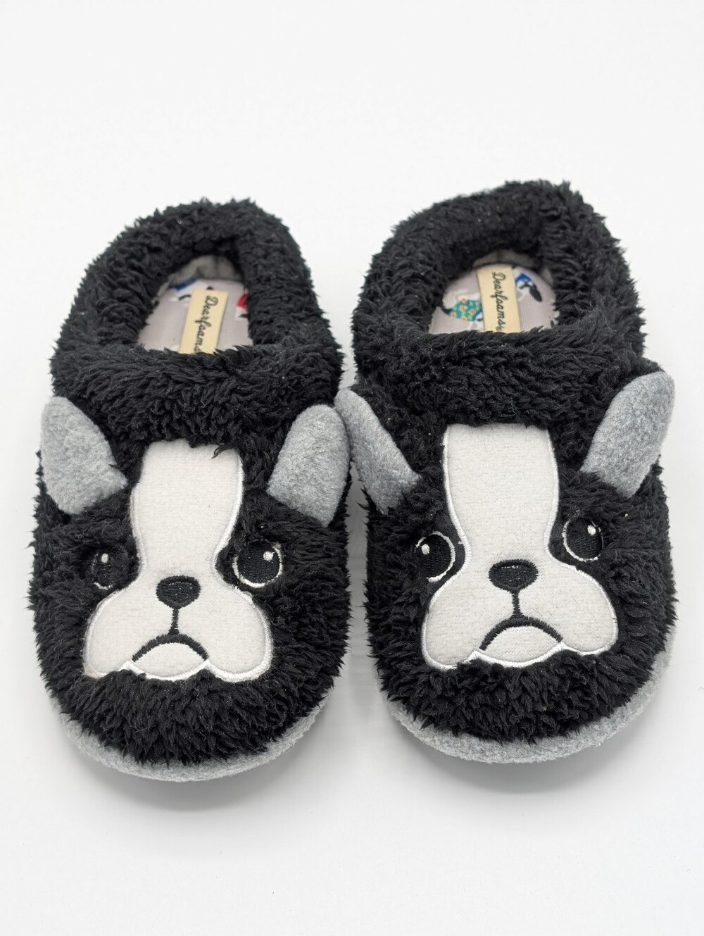 Dearfoams Kids 13-1 Black and Light Gray Fuzzy Sole Slippers Animal Dog  Clog